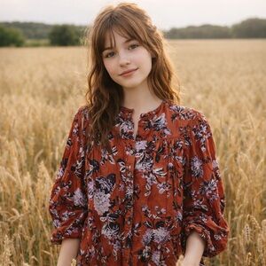 Anthropologie Maeve Floral Puff Sleeve Button Front Top Size S